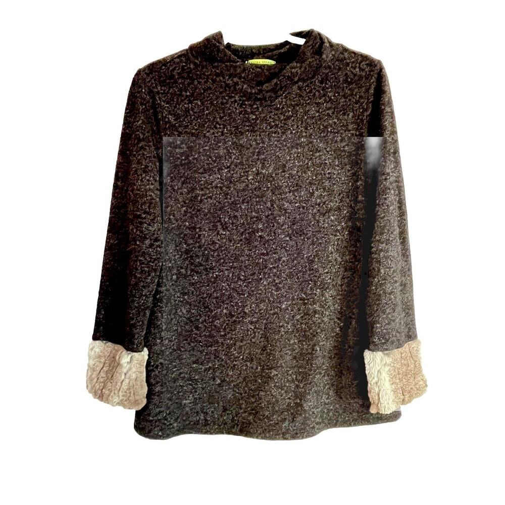 Trisha Tyler Heather Gray Knit Top Faux Fur Cuffs Women’s Sz S